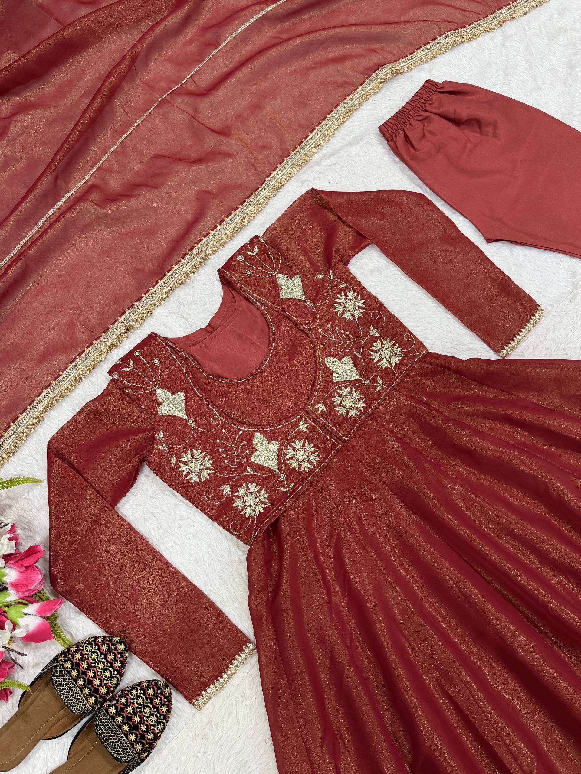 Regal Terracotta Zari-Bodice Anarkali Set